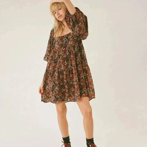 Nasty Gal Black Colorful Floral Puff Sleeve Mini Dress // Size US 2